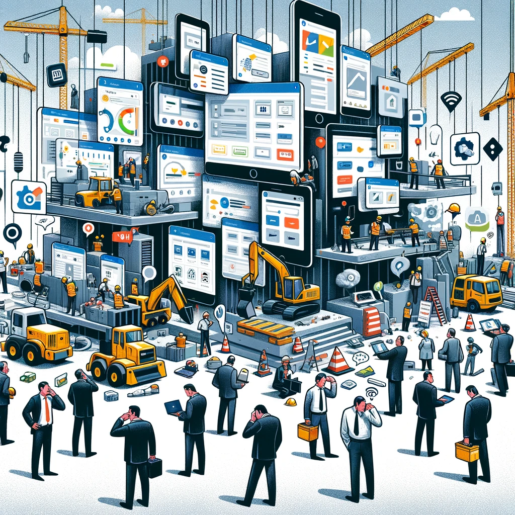 DALL·E 2024-01-25 16.48.49 - An illustration that depicts the challenges and inefficiencies of using multiple applications in business, within a construction management context. T